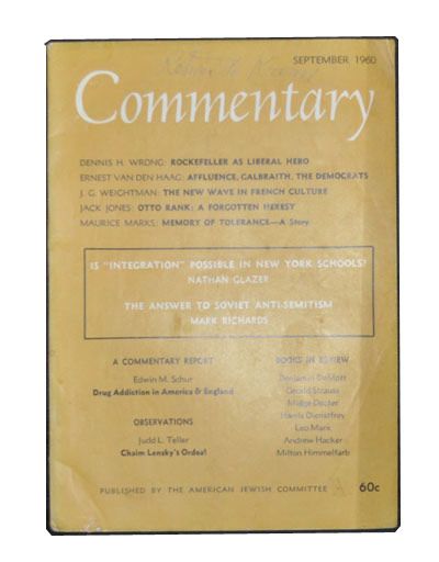 Item #3360044 Commentary: Vol. 30, No. 3 (September 1960). Norman Podhoretz, Dennis H. Wrong, Ernest Van den Haag, J. G. Weightman, Jack Jones, Maurice Marks, Nathan Glazer, Mark Richards, Edwin M. Schur, Judd L. Teller.