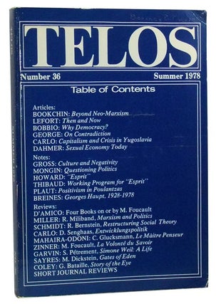 Item #3470069 Telos, Number 36 (Summer 1978). Paul Piccone, Murray Bookchin, Claude Lefort,...
