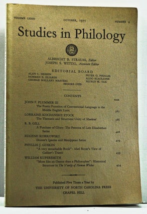 Item #4060023 Studies in Philology, Volume 72, October 1975, Number 4. Albrecht B. Strauss, John...