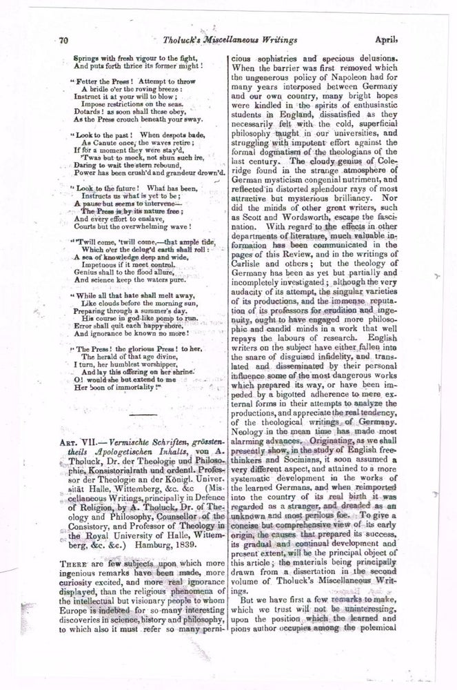 Item #4170055 Tholuck -- Miscellaneous Writings in Defence of Religion [original single article from The Foreign Quarterly Review, Volume 25, Number 49 (April, 1840), pp. 70-84]. Given.