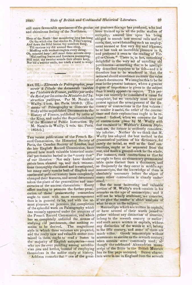 Item #4170058 State of British and Continental Historical Literature [original single article from The Foreign Quarterly Review, Volume 25, Number 49 (April, 1840), pp. 29-32]. Given.