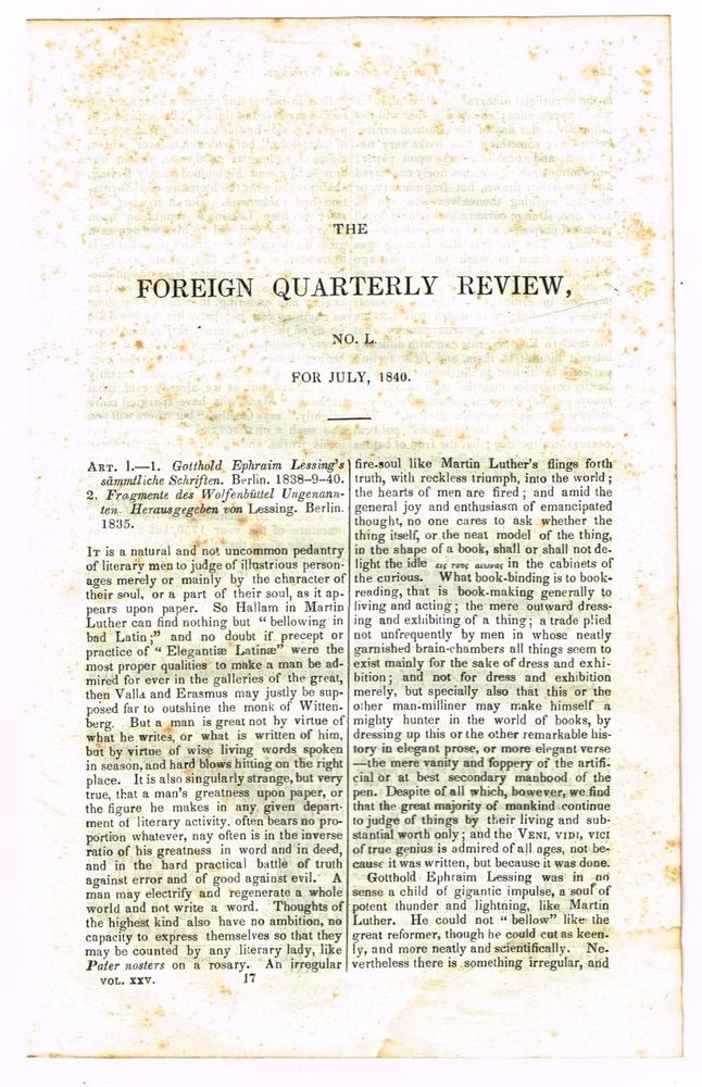 Item #4170059 Lessing's Life and Writings [original single article from The Foreign Quarterly Review, Volume 25, Number 50 (July, 1840), pp. 127-138]. Given.
