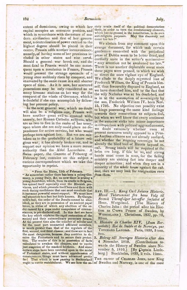 Item #4170061 Bernadotte and Charles XIV [original single article from The Foreign Quarterly Review, Volume 25, Number 50 (July, 1840), pp. 152-171]. Given.