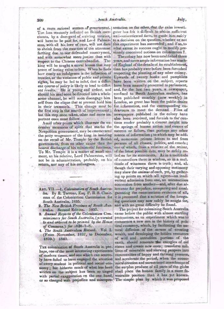 Item #4170065 Colonization of South Australia [original single article from The Foreign Quarterly Review, Volume 25, Number 50 (July, 1840), pp. 200-210]. Given.