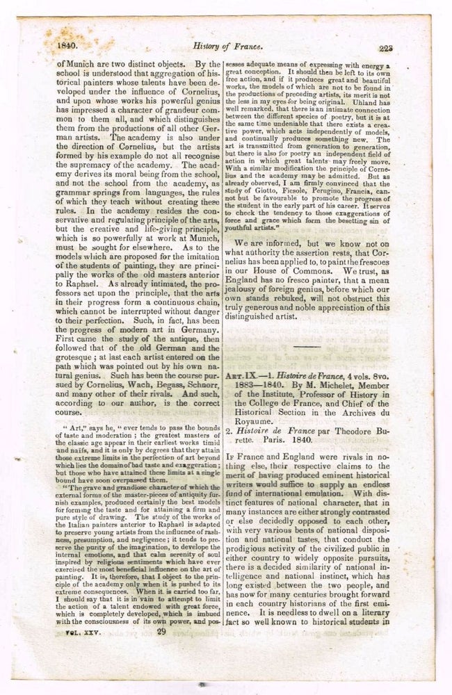 Item #4170068 Michelet - History of France [original single article from The Foreign Quarterly Review, Volume 25, Number 50 (July, 1840), pp. 223-236]. Given.