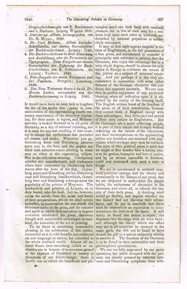 Item #4170069 The Gutenberg Jubilee in Germany in Commemoration of the Discovery of Printing [original single article from The Foreign Quarterly Review, Volume 25, Number 50 (July, 1840), pp. 236-242]. Given.