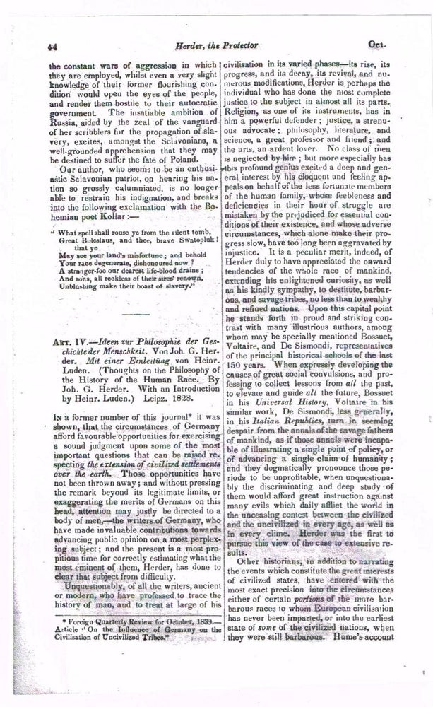 Item #4170073 Herder - Philosophic History of Mankind [original single article from The Foreign Quarterly Review, Volume 25, Number 51 (October, 1840), pp. 44-51]. Given.