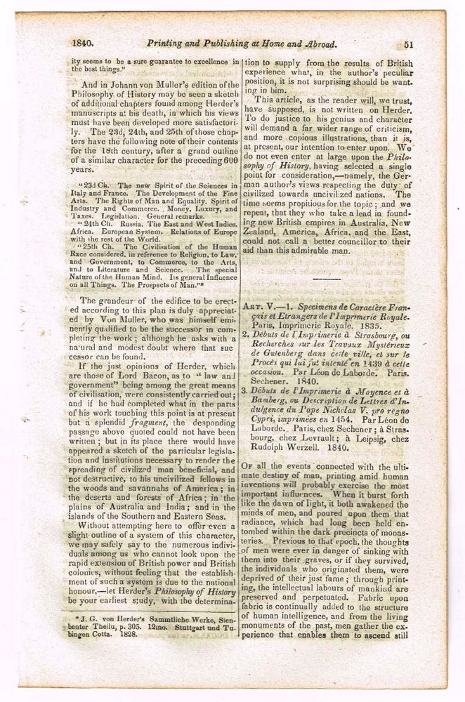Item #4170074 History of Printing, Foreign and Domestic [original single article from The Foreign Quarterly Review, Volume 25, Number 51 (October, 1840), pp. 51-68]. Given.