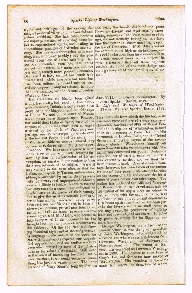 Item #4170077 Sparks - Life and Writings of Washington [original single article from The Foreign Quarterly Review, Volume 25, Number 51 (October, 1840), pp. 88-102]. Given.