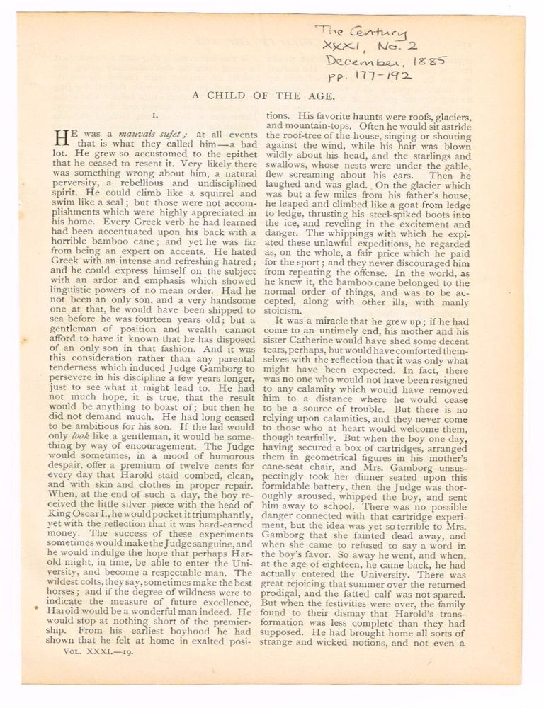 Item #4180011 A Child of the Age. [original single article from The Century Magazine, Volume 31, Number 2 (December, 1885), pp. 177-192]. Hjalmar Hjorth Boyesen.