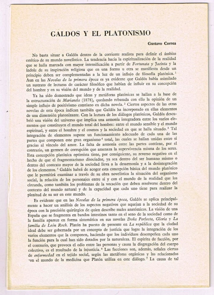 Item #4180063 Galdós y el platonismo. [original single article from Anales Galdosianos, Año VII (1972), pp. 3-17]. Gustavo Correa.