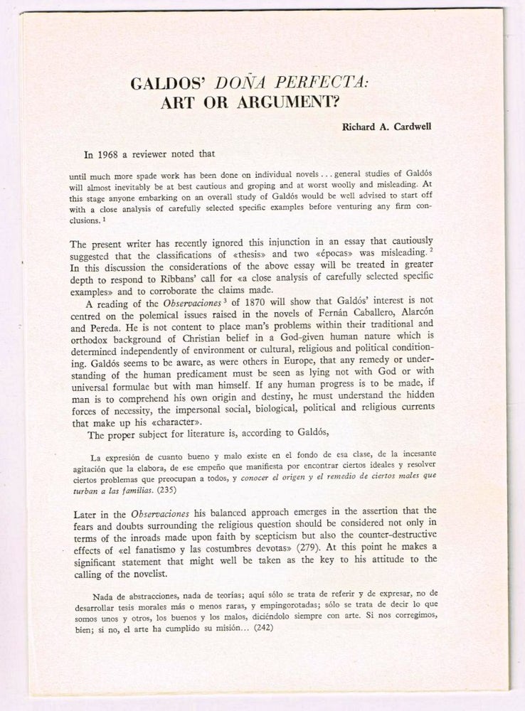 Item #4180065 Galdos' Doña Perfecta: art or argument? [original single article from Anales Galdosianos, Año VII (1972), pp. 29-47]. Richard A. Cardwell.