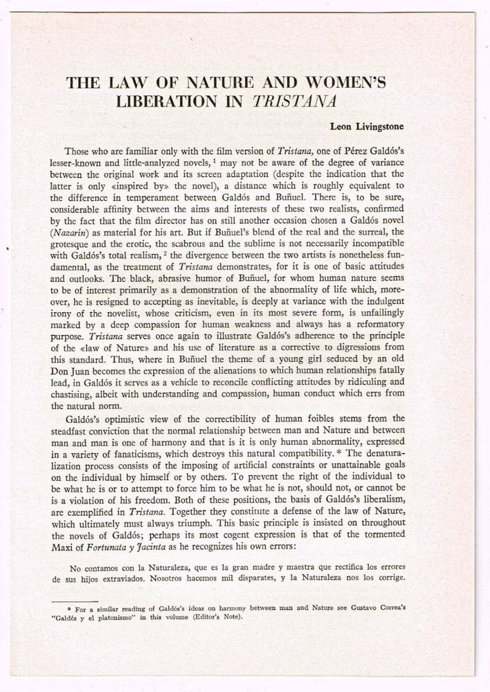 Item #4180069 The Law of Nature and Women's Liberation in Tristana [original single article from Anales Galdosianos, Año VII (1972), pp. 93-100]. Leon Livingstone.