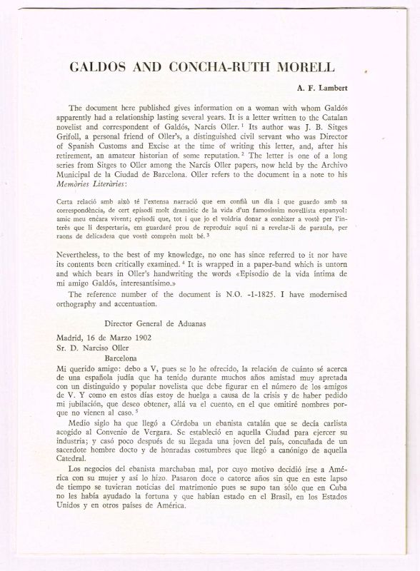 Item #4180074 Galdos and Concha-Ruth Morell [original single article from Anales Galdosianos, Año VIII (1973), pp. 33-49]. A. F. Lambert.