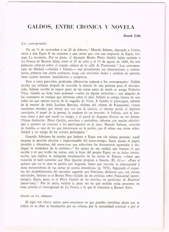 Item #4180076 Galdos, Entre Cronica y Novela [original single article from Anales Galdosianos, Año VIII (1973), pp. 63-77]. Denah Lida.