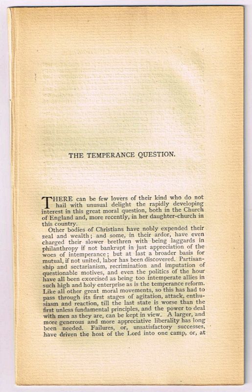 Item #4180089 The Temperance Question. [original single article from The American Church Review, Number 136 (January 1882), pp. 217-232]. John T. Huntington.
