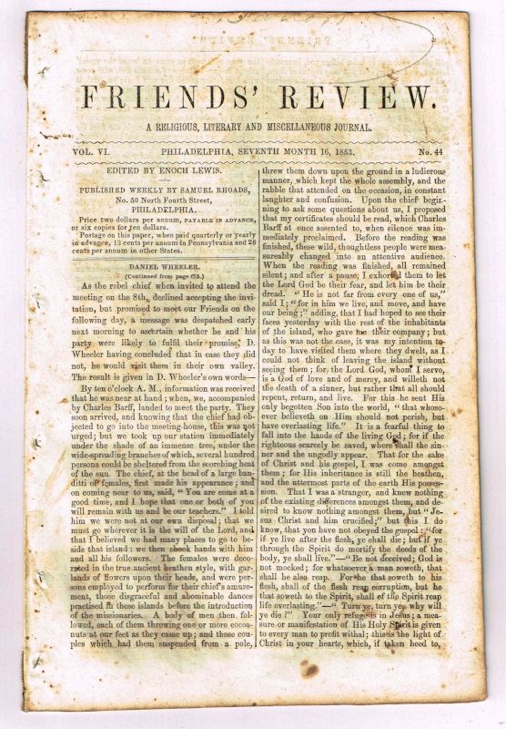 Item #4180122 Friends' Review. A Religious, Literary and Miscellaneous Journal. Volume VI, Number 44 (July 16, 1853). Enoch Lewis.