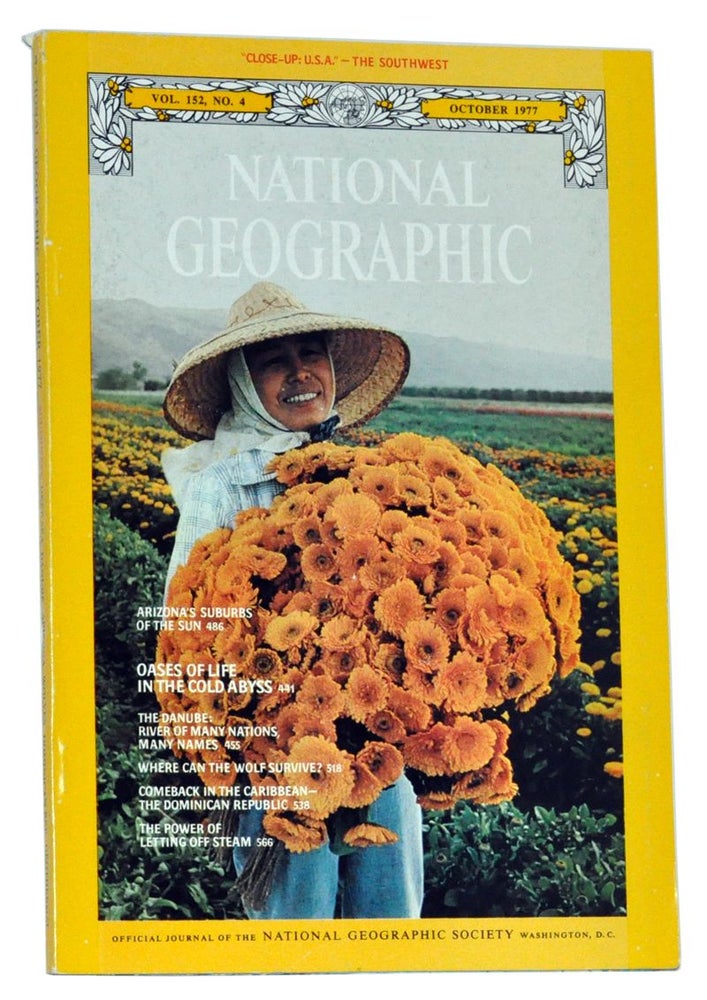 Item #4500027 The National Geographic Magazine, Volume 152 (CLII), No. 4 (October 1977). Includes "Close-Up: U.S.A." map of the Southwest (Arizona, New Mexico, Utah, Colorado). Gilbert Hovey National Geographic Society. Grosvenor, Mike Edwards, Winfield Parks, David Jeffery, H. Edward Kim, L. David Mech, James Cerruti, Martin Rogers, Kenneth F. Weaver.