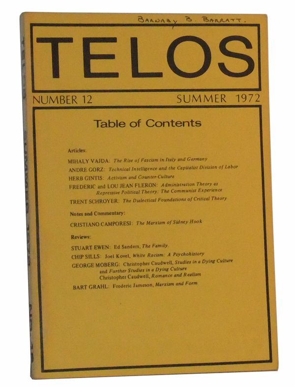 Item #4890026 Telos, Number 12 (Summer 1972). Paul Piccone, Mihaly Vajda, Andre Gorz, Herb Gintis, Frederic Fleron, Lou Jean, Trent Schroyer, Cristiano Camporesi, others.