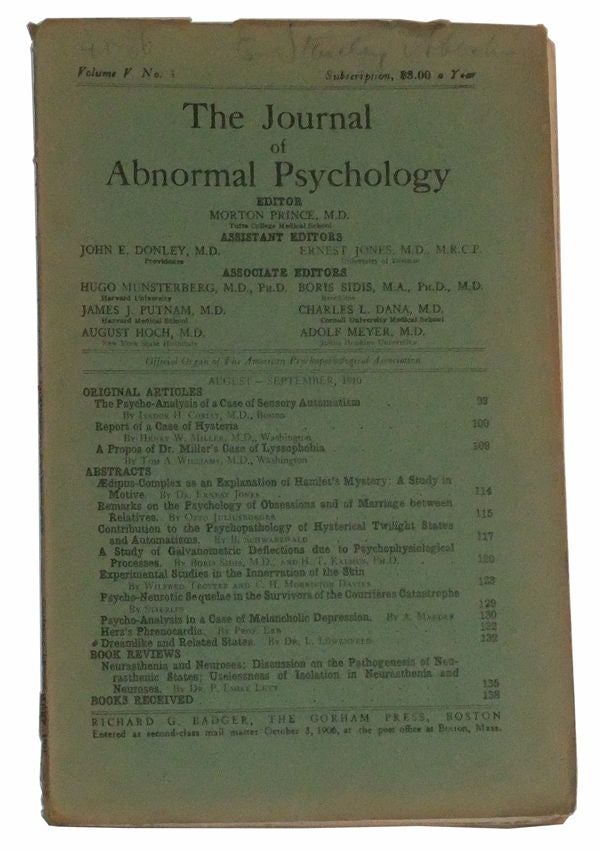 Item #4890045 The Journal of Abnormal Psychology, Volume V, No. 3 (August-September 1910). Morton Prince, Isador H. Coriat, Henry W. Miller, Tom A. Williams, others.