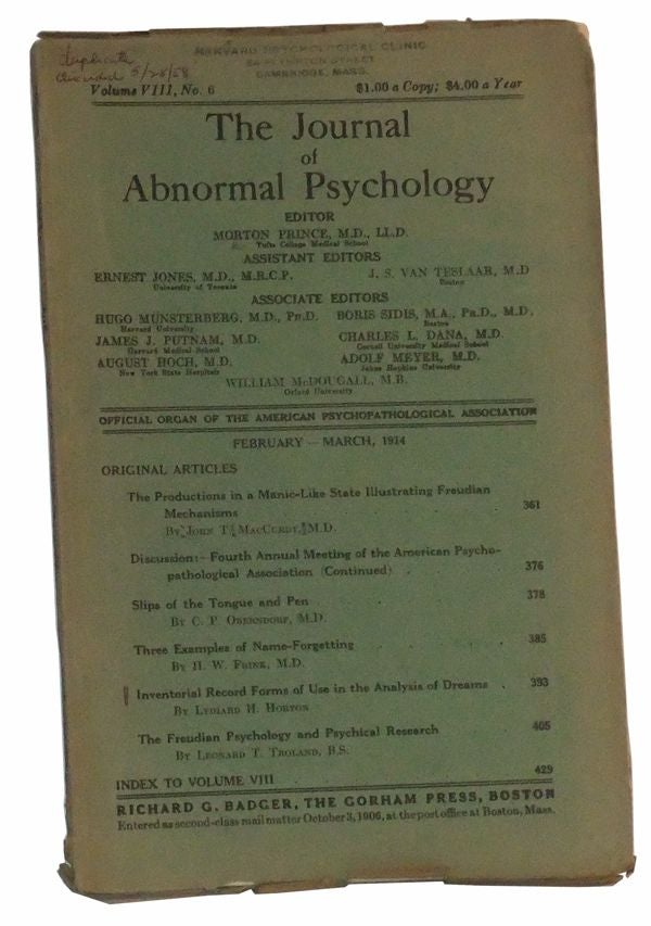 Item #4890051 The Journal of Abnormal Psychology, Volume VIII, No. 6 (February-March 1914). Morton Prince, John T. MacCurdy, C. P. Oberndorf, H. W. Frink, Lydiard H. Horton, Leonard T. Troland.