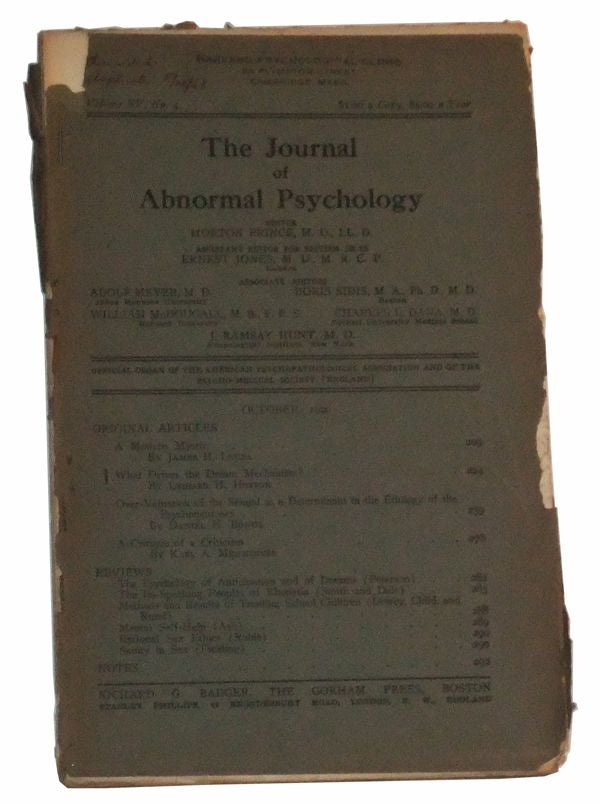 Item #4890057 The Journal of Abnormal Psychology, Volume XV, No. 4 (October 1920). Morton Prince, Jamaes H. Leuba, Lydiard H. Horton, Daniel H. Bonus, Karl A. Menninger, others.
