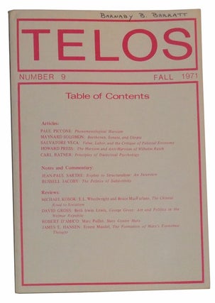 Item #4900013 Telos, Number 9 (Fall 1971). Paul Piccone, Maynard Solomon, Salvatore Veca, Howard...