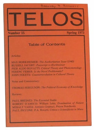 Item #4900015 Telos, Number 15 (Spring 1973). Paul Piccone, Max Horkheimer, Russell Jacoby, Pier...