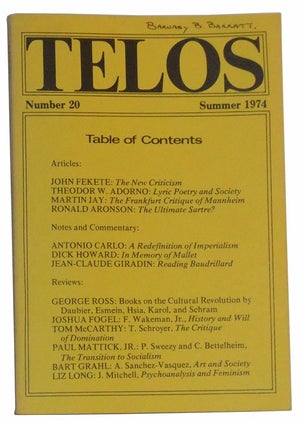 Item #4900016 Telos, Number 20 (Summer 1974). Paul Piccone, John Fekete, Theodor W. Adorno,...