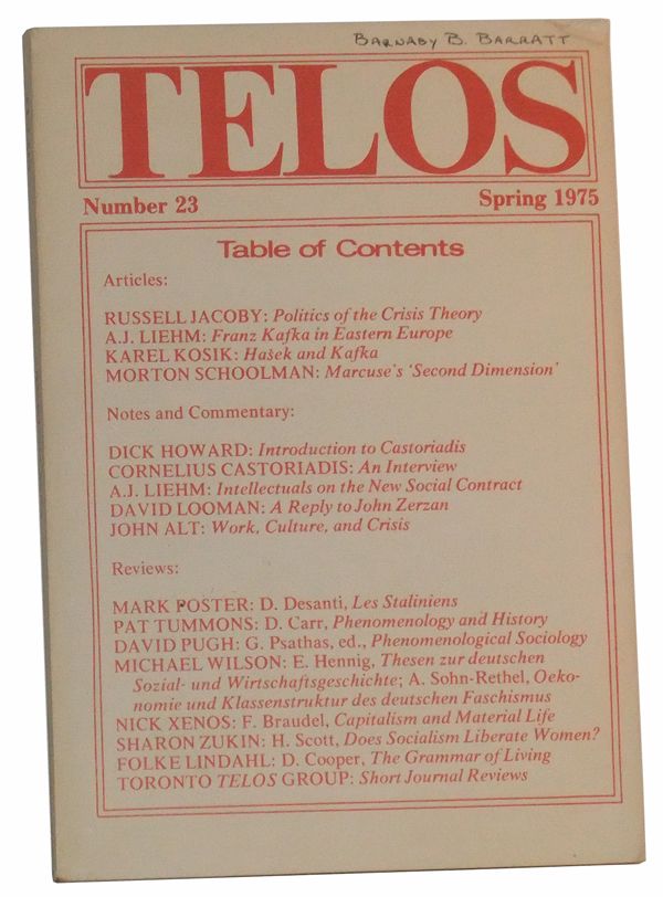 Item #4900017 Telos, Number 23 (Spring 1975). Paul Piccone, Russell Jacoby, A. J. Liehm, Karel Kosik, Morton Schoolman, Dick Howard, Corneius Castoriadis, David Looman, John Alt, others.