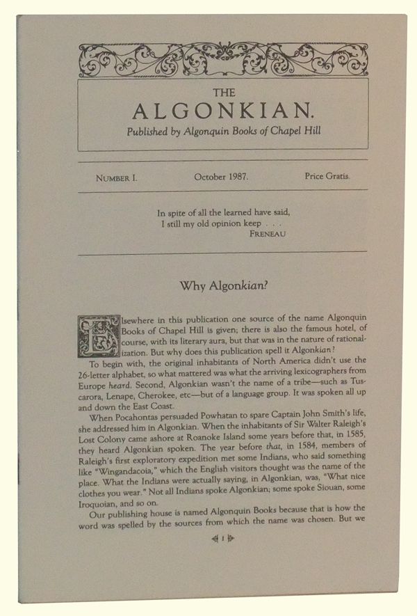 Item #4920034 The Algonkian, Number I (October 1987). Bernard Cheltenham Bodoni.