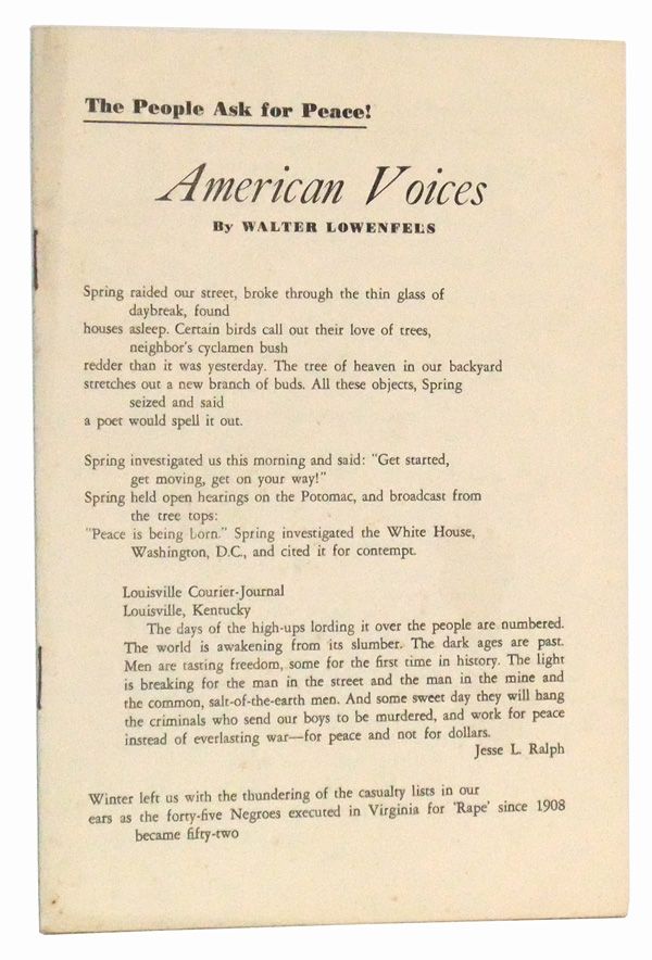 Item #5010031 American Voices: The People Ask for Peace! (July 1953). Walter Lowenfels.